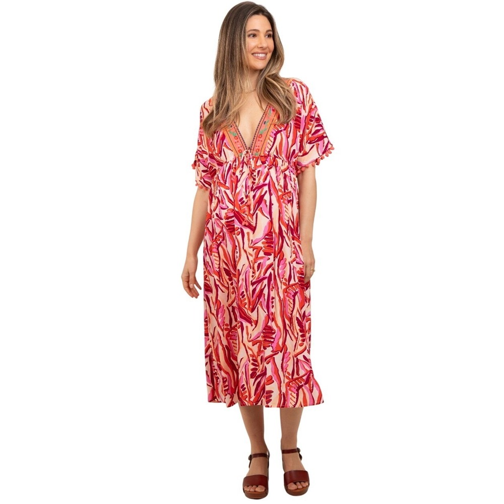 Umgee USA Abstract Leaf Print Embroidered V-Neck Boho Midi Dress L NWT $62